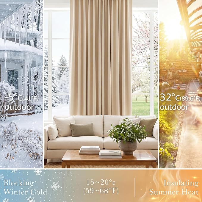 PONY DANCE Black Out Curtains 84 inch Long 2 Panels Burg for Living Room - Beige Window Treatments Room Darkening Curtains Back Tab/Rod Pocket Drapery for Bedroom, 52 Inches Wide, Set of 2, Beige