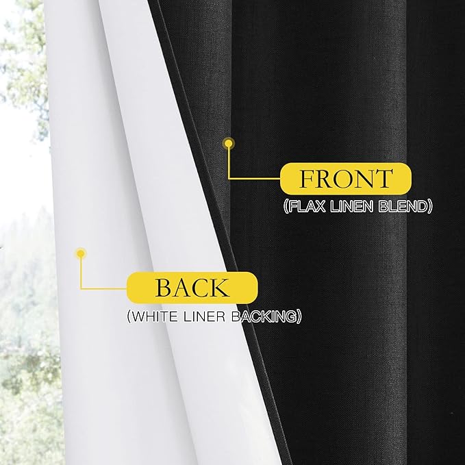 NICETOWN Vintage Open Linen Weave Flax Thermal Curtains, 100% Blackout Curtains 90 inches Long for Dining Room, Soundproof Window Treatment Drapes for Hall Room, Black, 52" Wide Per Panel, Set of 2
