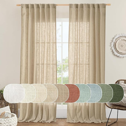 LAMIT Brown Linen Curtains 84 inches for Bedroom, Faux Linen Textured Light Filtering Drapes Back Tab and Rod Pocket Boho Burlap Panels for Farmhouse/Living Room, 2 Panels, 52 x 84 Inch