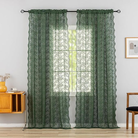 YJ YANJUN Vintage Lace Curtains 108 Inches Long- Victorian Floral Pattern Dark Olive Green Sheer Curtain Panels for High Ceiling Living Room Aesthetic Neutral Decor 52Wx108L Moss Green