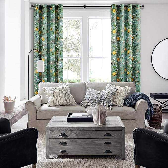 Topfinel Blackout Curtains 63 Inch Length 2 Panels, Cottagecore Tropical Forest Leaf Flower Hummingbird Lemon Patterned Energy Efficient Grommet Cute Green Drapery Treatment Nursery Classroom