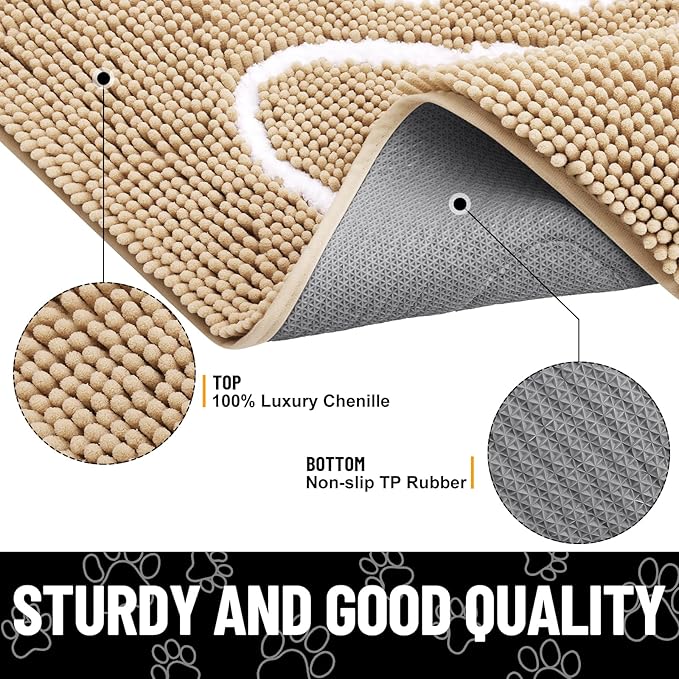Smiry Dog Door Mat for Muddy Paws, Absorbent Dirt Trapper Non Slip Quick Dry Washable Chenille Mat for Mud Dogs, Entry Rug for Indoor and Outdoor (44x32 Inches, Beige and White)