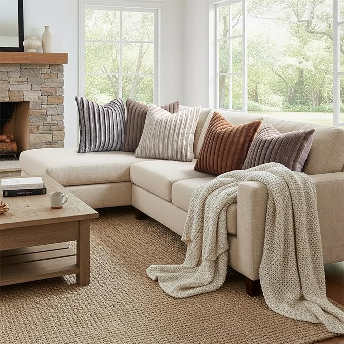 decorUhome Cozy Faux Fur Throw Pillow Covers 26x26 Set of 2 Decorative Soft Plush Striped Modern Farmhouse Boho Couch Euro Sham Pillow Cases with Velvet Back for Sofa Bed Living Room, Brown White