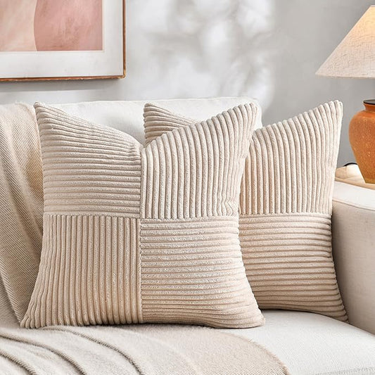 Fancy Homi 2 Packs Tan Samll Decorative Throw Pillow Covers 12x12 Inch with for Couch Bed Sofa, Rustic Farmhouse Boho Home Decor, Soft Corss Patchwork Corduroy Square Beige Cushion Case 30x30 cm