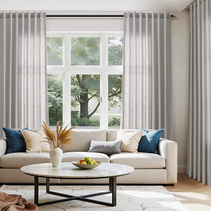 Nanspring Light Gray Linen Curtains 96 Inches Long for Living Room Light Filtering Semi Sheer Curtain Back Tab Rod Pocket Textured Luxury Grey Simple Modern Drapes for Bedroom 52x96, 2 Panels