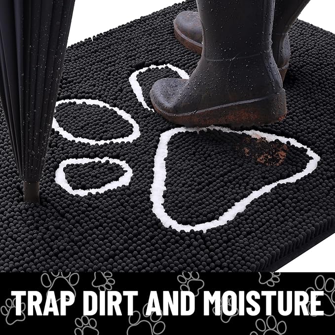 Smiry Dog Door Mat for Muddy Paws, Absorbent Dirt Trapper Non Slip Quick Dry Washable Chenille Mat for Mud Dogs, Entry Rug for Indoor and Outdoor (44x24 Inches, Black and White)