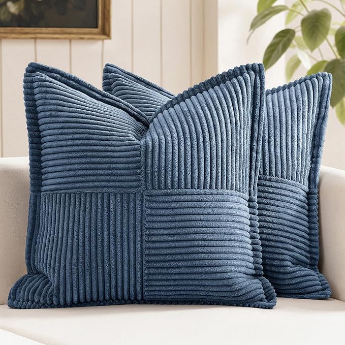 MIULEE Decorative Euro Sham Throw Pillow Covers for Couch Bed Livingroom 26x26 Inch Set of 2 Blue Boho Accent Throw Pllows Broadside Striped Patchwork Soft Corduroy Summer Coastal Pillowcases