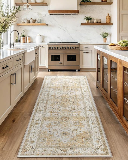 AMADA HOMEFURNISHING 2'6"x10' Washable Area Rug, Low-Profile Entryway Rug with Non-Slip Backing & Durable Edge Binding, Vintage Rug Pattern, Small Rugs for Entryway, Kitchen & Living Room