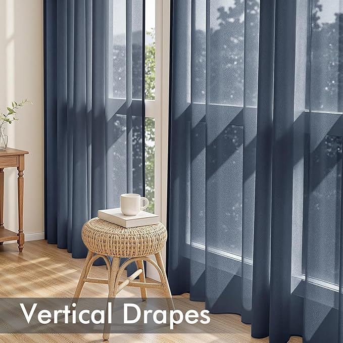 MIULEE Navy Blue Sheer Curtains 90 Inches Long, 4 Panels Set, Light Filtering Rod Pocket Voile Drapes Window Treatments, Semi Transparent Airy Fabric for Bedroom and Living Room, 54 x 90 Inches
