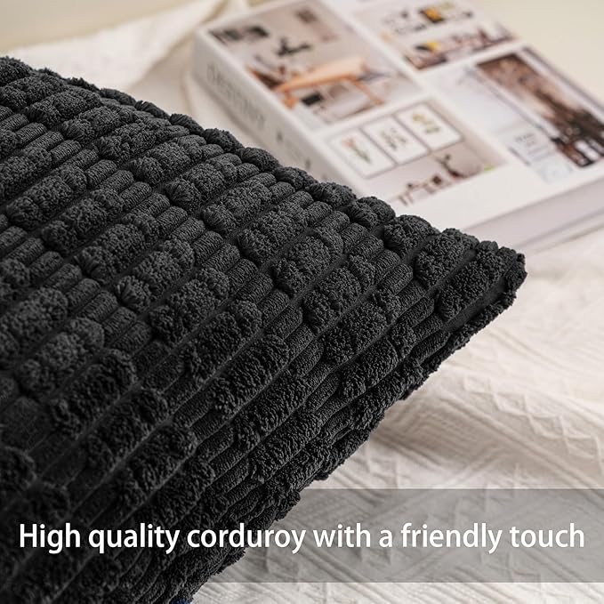 Pack of 2 Corduroy Decorative Throw Pillow Covers 12x24 Inch Soft Striped Pillow Covers Modern Farmhouse Home Decor for Sofa Living Room Couch Bed（Black）