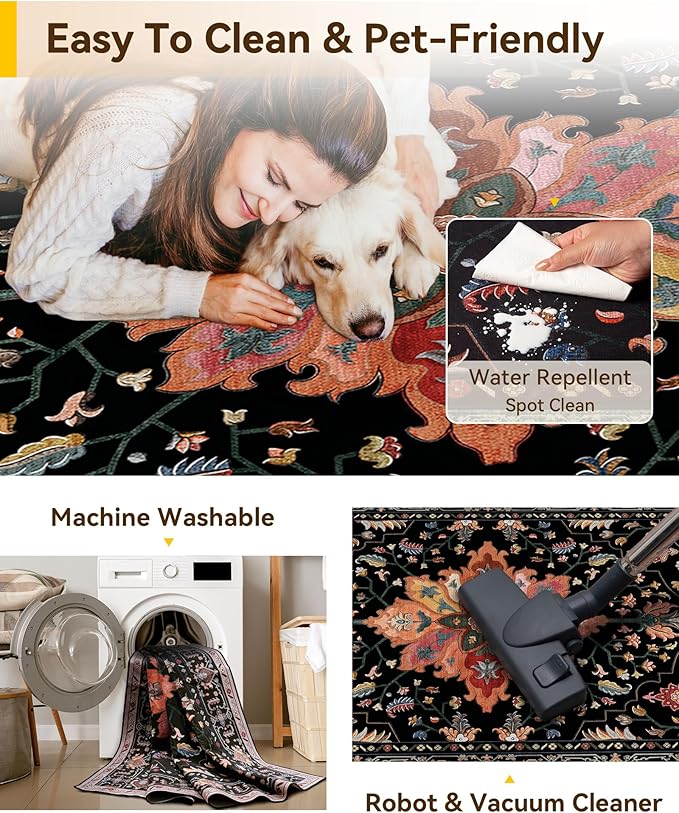 RELEANY Area Rugs 2'6''x8' Runner Rug Non Slip Washable for Kitchen Hallway Bedroom Beside Laundry Room Bathroom Rug, Floor Carpet, Black Colorful Floral Dark Tan