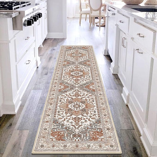 Yamaziot Washable Runner Rug, 2x8 Non-Slip Boho Vintage Hallway Rug Runner with Rubber Backing, Low Pile Faux Wool Distressed Carpet Runner for Bedroom, Kitchen, Laundry, Entrance, Ginger Grey