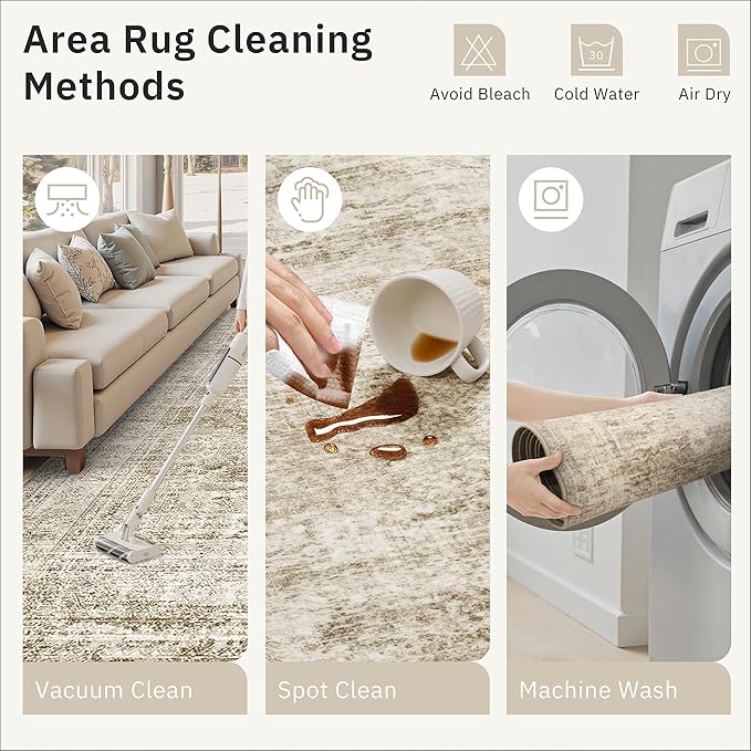 10x14 Area Rugs for Living Room, Non Slip Machine Washable Vintage Rugs, Low Pile Lightweight Large Rug for Bedroom, Dining Room, Home Office Brown