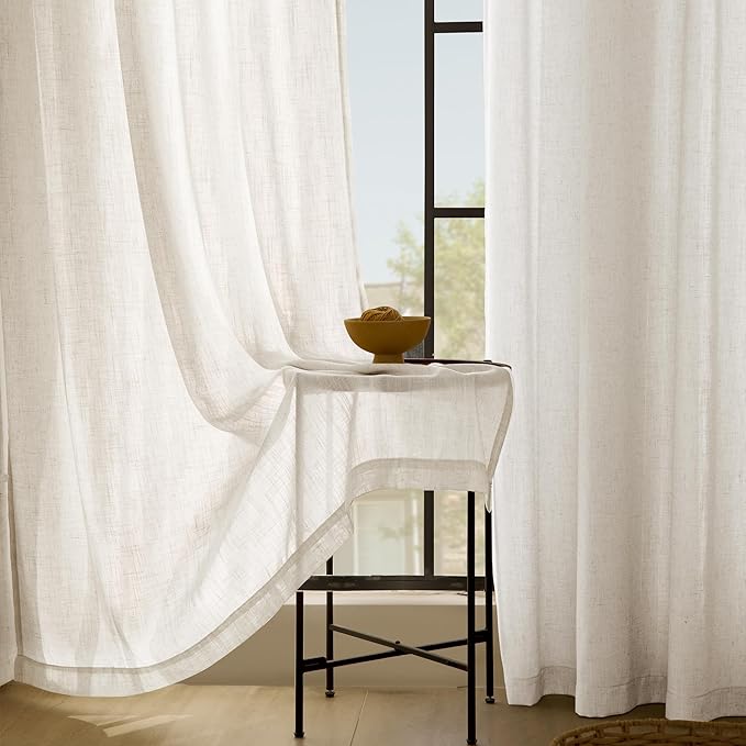 Cream Linen Curtains 63 inch Length 2 Panel Set for Living Room Back Tab Rod Pocket Semi Sheer Light Filtering Bedroom Window Curtain 63 inch Long Modern Farmhouse Neutral Ivory Linen Drapes 60x63