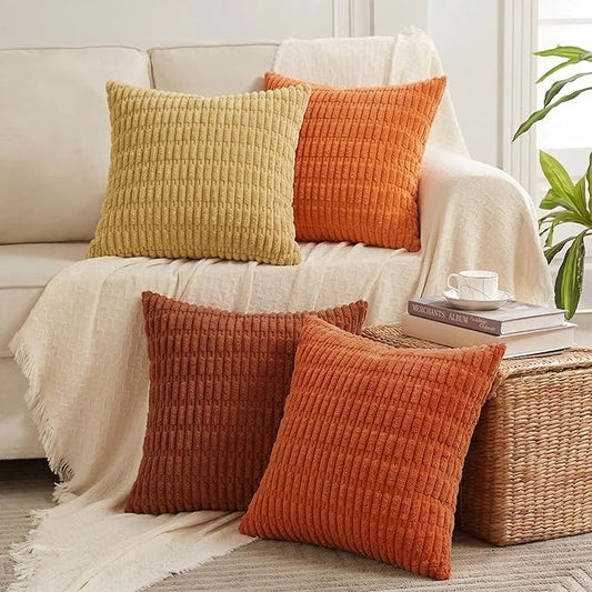 Fancy Homi Set of 4 Burnt Orange Fall Boho Decorative Throw Pillow Covers 26x26 Inch for Couch Bed Sofa, Aesthetic Modern Bohemian Room Decor, Fuzzy Fluffy Cozy Corduroy Textured Cushion Case 66x66cm