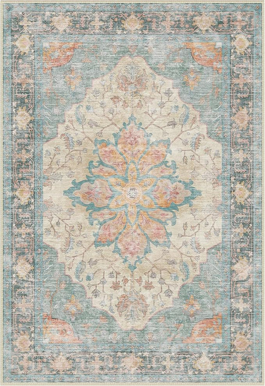 RELEANY Area Rugs Round 6ft Washable Non-Slip, Floral Vintage Distress Print Pattern Medallion Carpet for Living Room Bedroom Dining Room, Blue Orange Red