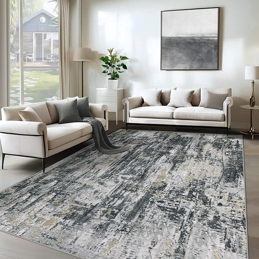 XLUEZ 6x9 Area Rugs for Living Room, Washable Modern Abstract Large Area Rug Neutral Soft Non Slip Kids Rug Stain Resistant Indoor Carpet for Bedroom Nursery Dining Room Playroom(BlackGreyGold,6'x9')
