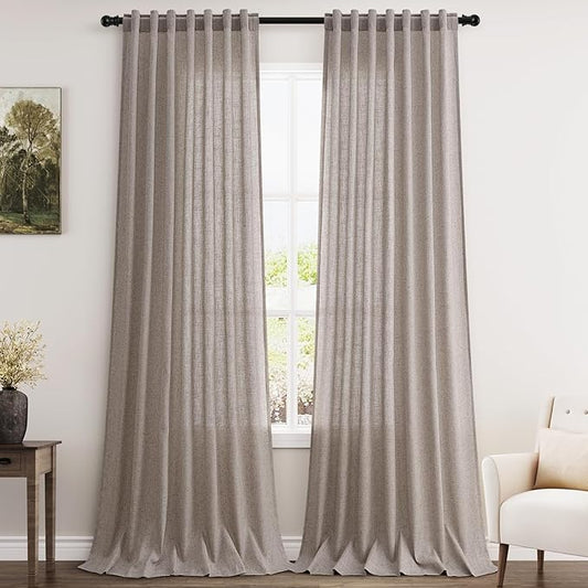 Extra Long Brownish Grey Curtains 2 Panels 102 Inches Long for Living Room Back Tab Pocket Light Filtering Semi Sheer Drapes Cotton Linen Textured Window Curtain 102 Inch Length for Bedroom 9 FT