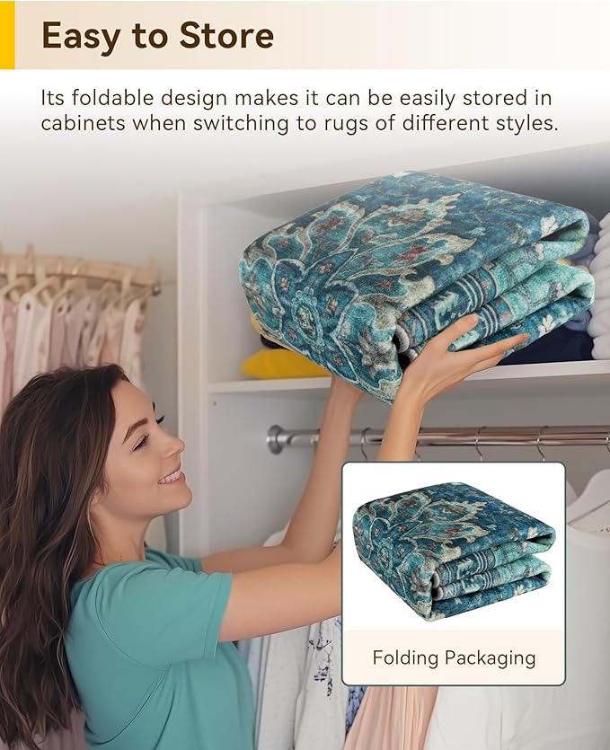RELEANY Area Rugs 5ft Washable Non-Slip, Floral Vintage Distress Print Pattern Medallion Carpet for Living Room Bedroom Dining Room, Teal Green Lake Blue Turquoise