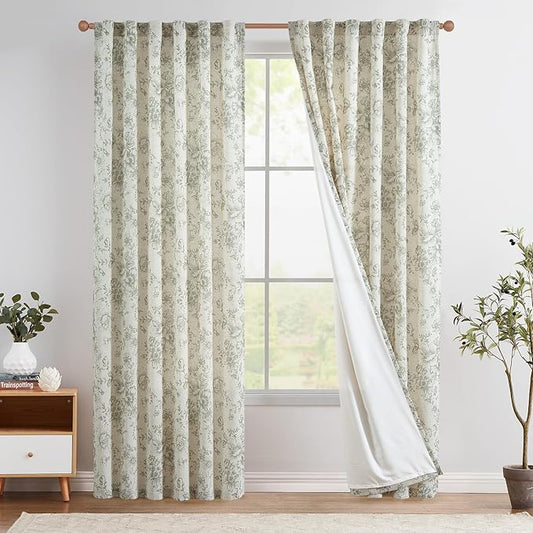 jinchan Linen Blend Floral Curtains for Living Room 108 Inches Extra Long Farmhouse Printed Curtain Back Tab Green Peony Flower Patterned Drapes Bedroom Window Curtains Set 2 Panels