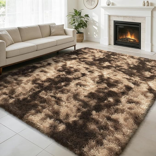 Shag Area Rug for Bedroom 5x8,Fluffy Area Rugs for Living Room,Soft Fuzzy Rug Non-Shedding Indoor Plush Carpet for Kids Bedroom Nursery Dorm Home Decor,Tie-Dyed Coffee