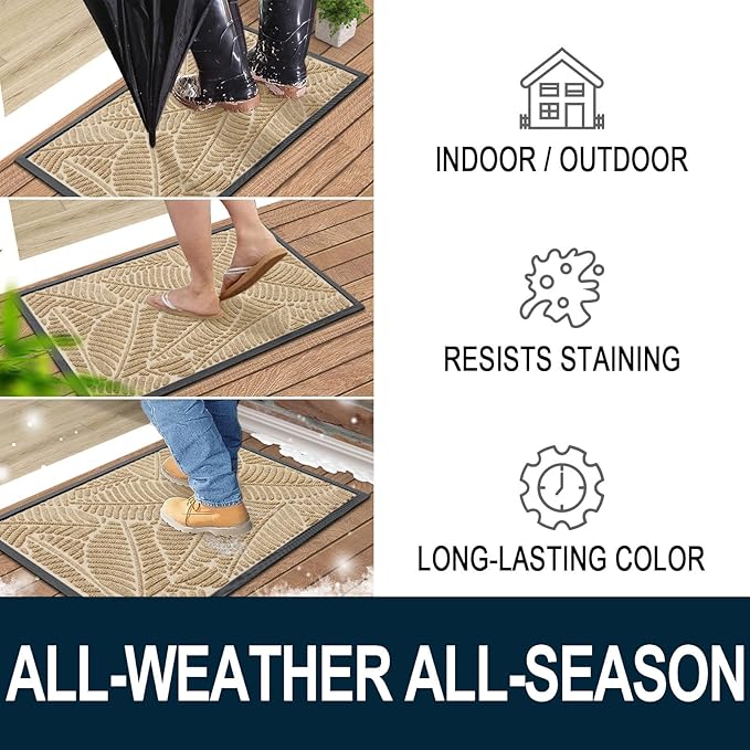 Colorxy Waterproof Doormat, Sturdy Natural Rubber Front Indoor Mat, Non Slip Low Profile Indoor Outdoor Door Mats, Stain and Fade Resistant Floor Mat, Easy Clean Patio Entrance Mat, 59''x36'', Beige