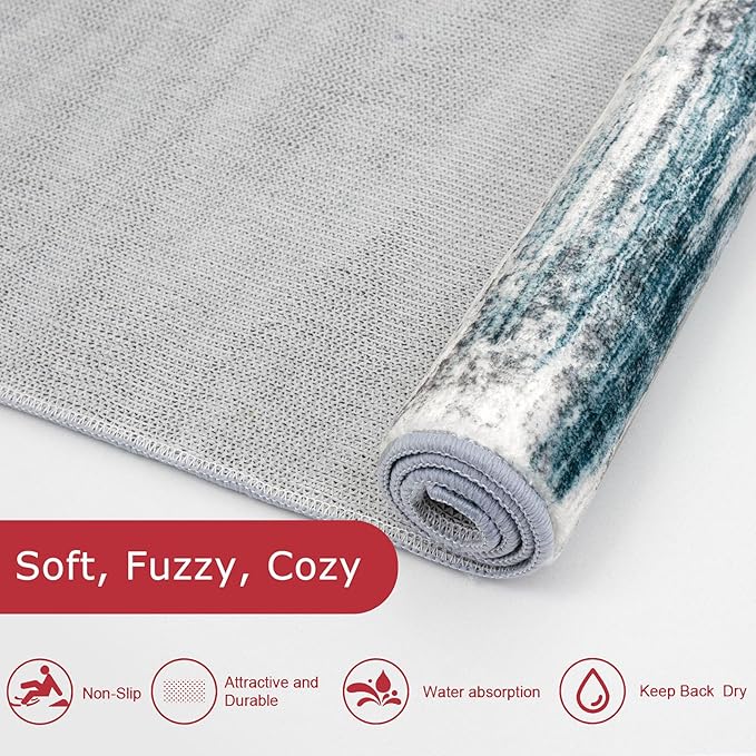 KOZYFLY Modern Abstract Hallway Runner Rug, 2.6x8 Washable Rug Runner Non-Slip Soft Striped Kitchen Runner Rugs, Print Light Blue Carpet Runner for Entryway Bathroom Laundry Room Foyer