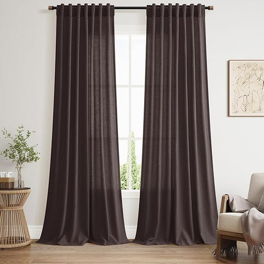 Nanspring Cocoa Coffee Linen Blend Light Filtering Back Tab Curtains 96 Inches Long, Semi Sheer Privacy Drapes for Living Room & Bedroom, 52x96 inch, 2 Panels