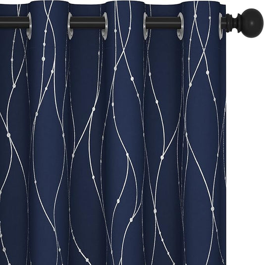 Deconovo Blackout Curtains for Living Room, Thermal Insulated Soundproof Drapes, Wave Dots Silver Print, 52 x 84 Inches Long, 2 Panels, Machine‑Washable Window Panel for Bedroom Patio Door, Navy Blue