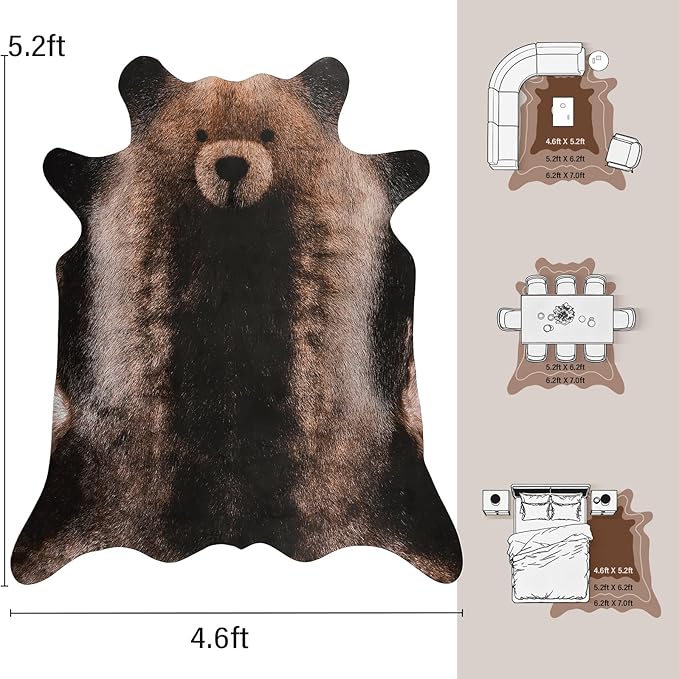 AROGAN Premium Bear Print Rug 4.6x5.2 Feet, Machine Washable Faux Fur Rug, Non-Slip Animal Print Hide Bear Skin Area Rug for Bedroom Living Room Home Decor
