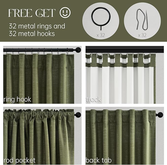 Topfinel 102 Inch Long Linen Blended Blackout Curtains 2 Panels, Back Tab Pleated Look Drapes for Track System with Hooks, Noise Reducing Country Blackout Winodw Curtains 52x102-Loden/Olive Green