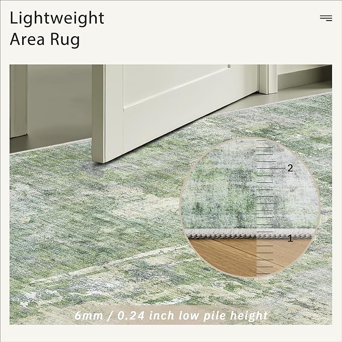 Soalmost Washable Runner Rug, 2'6" x 8' Non-Slip Kitchen Vintage Foldable 2.5x8ft Hallway Runners for Entryway, Laundry, Bedroom, Green/Ivory