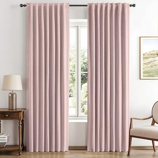 MIULEE 100% Blackout Linen Curtains for Bedroom, Pink Solid Luxury Decor Thermal Insulation Room Darkening Drapes for Living Room Nursery Back Tab Rod Pocket 42 x 90 Inches, 2 Panels