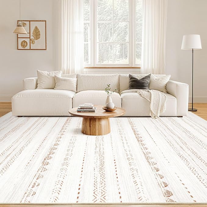 Nakagishi Area Rug Living Room Rugs: 8x10 Large Soft Machine Washable Boho Moroccan FarmNeutral Stain Resistant Indoor Floor Carpet for Bedroom Under Dining Table Home Office Decor-Cream Brown