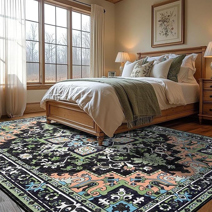 Lofus 9x12 Area Rugs for Living Room, Machine Washable Area Rug, Soft Large Rugs for Bedroom, Kitchen, Office and Indoor, Vintage Boho Carpet, Non-Slip Low Pile Carpets, Dark Green