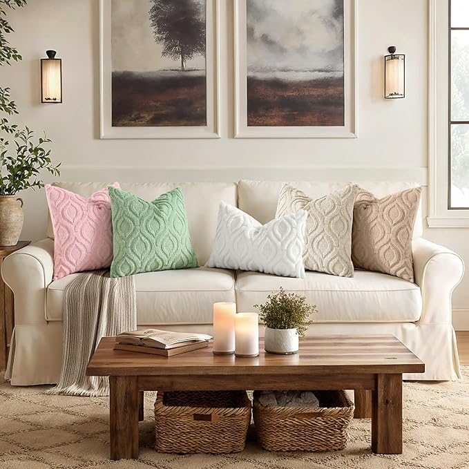 decorUhome Throw Pillow Covers 12x20 Inch Set of 2, Soft Plush Faux Wool Beige Solid Couch Pillow Covers, Accent Farmhouse Neutral Rectangle Pillow Cases for Sofa Bed Living Room