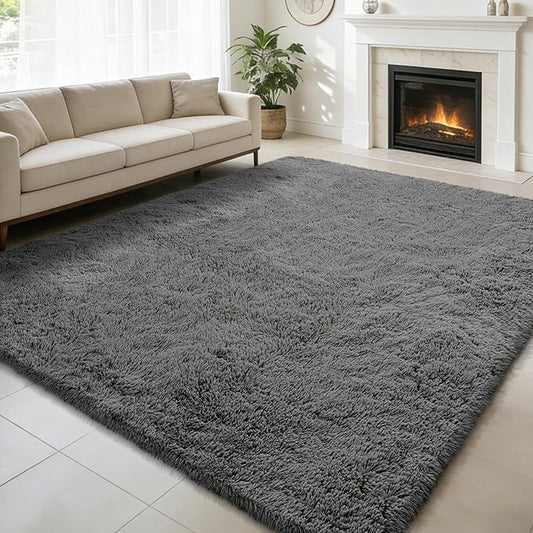 Ultra Soft Fluffy Area Rugs for Bedroom Living Room 10x14, Nursery Rug, Non-Slip Carpet for Kids Dorms Decor, Shaggy Bedside Rug, Deep Grey