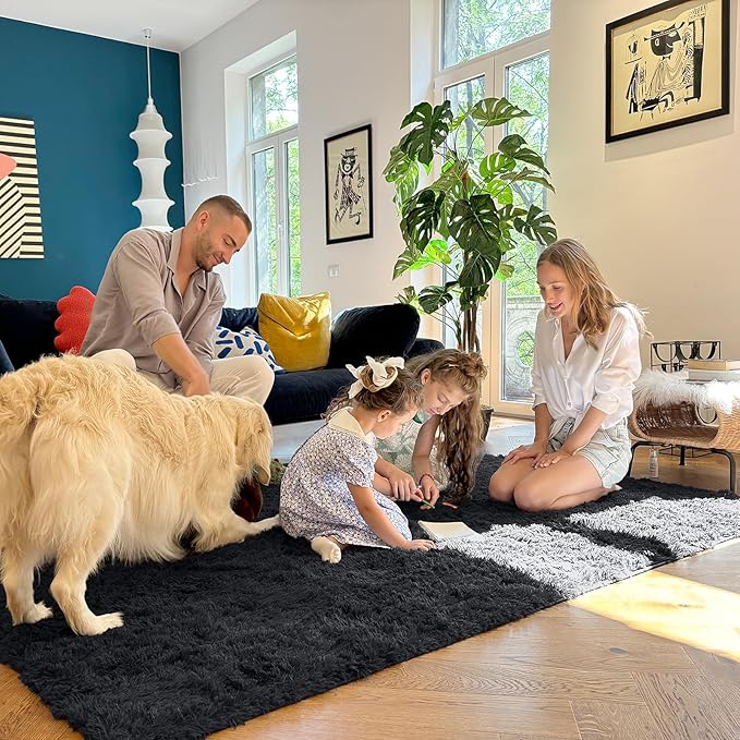OLANLY 4x9 Area Rugs for Living Room Bedroom, Machine Washable Soft Fluffy Shaggy Bedside Rug, Indoor Floor Carpet for Kids Girls and Boys, Dorms, Nursery Rooms, Home Decor Aesthetic, Black