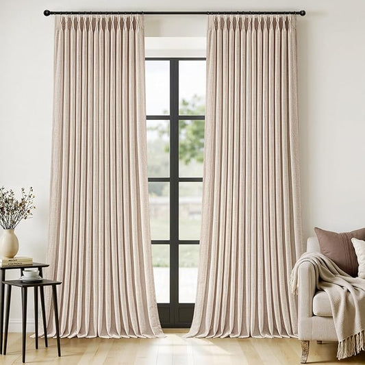 MIULEE Pinch Pleated Thick Linen Curtains 108 Inches Length 2 Panels for Living Room Bedroom, Extra Long Memory Trained Pinch Pleat Drapes Light Filtering Sand Beige Foor to Ceiling Curtains