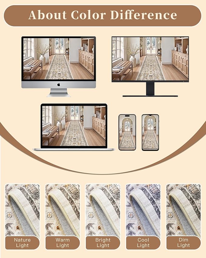 Madane Hallway Runner Rug 2'6''x14' Kitchen Runner, Non Slip Vintage Runners for Hallways Washable Kitchen Rugs Soft Low Pile 2.5x14 ft Rug Runner for Laundry Room, Entryway and Bedroom, Brown/Gold
