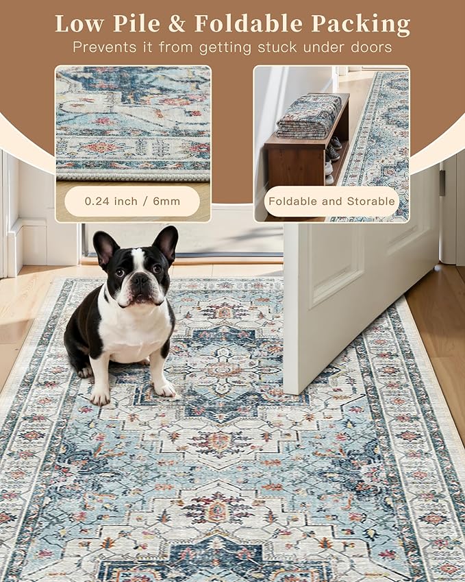 Madane Runner Rug 2x8, Washable Hallway Runner Rugs, Non-Slip Low-Pile Soft Kitchen Rug Runner Laundry Room Rug, Vintage Throw Entry Foyer Mat for Entrance Living Room (Blue, 2 x 8)