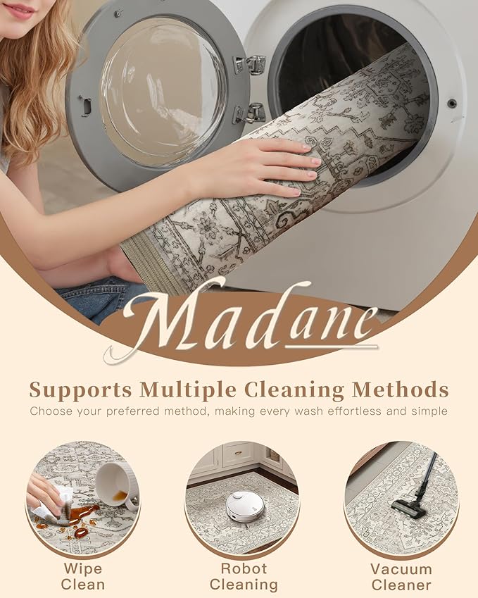 Madane 6x9 Area Rugs for Living Room, Stain Resistant Washable Rugs, Non-Slip Backing Area Rug, Vintage Home Decor Rug for Bedroom (Beige/Brown, 6'x9')