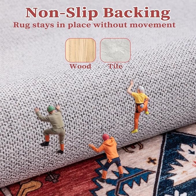 SERISSA Washable Rugs 9x12 Area Rugs, Large Non-Slip Boho Living Room Rust Rug, Ultra Soft Vintage Print Distressed Oriental Tribal Farmhouse Carpet for Dining Room Bedroom Dorm Office Home Decor