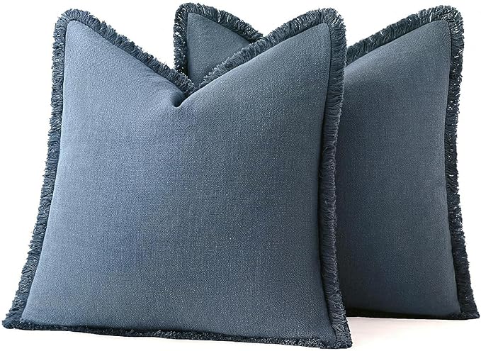 MIULEE Decorative Throw Pillow Covers Neutral Linen Fringe Throw Pillows Set of 2 Blue Ashes Boho Farmhouse Cushion Covers with Tassels for Couch Sofa Bed Spring Home Decor 22x22 Inch