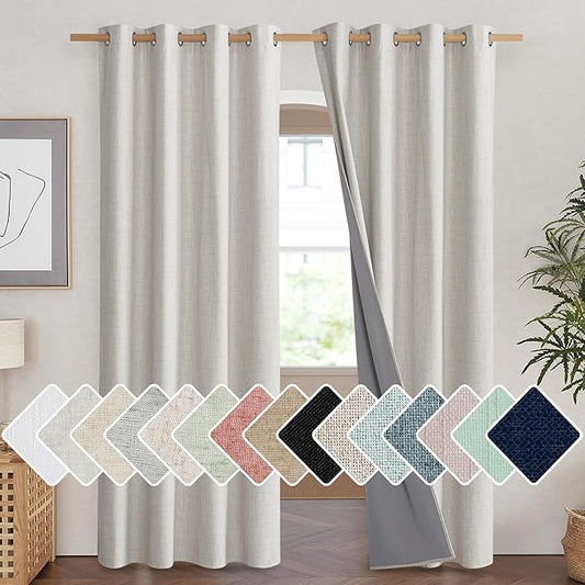 NICETOWN Snowbound Vintage Linen 100% Blackout Curtains for Living Room, Thermal Insulated Curtains 90" Long, Noise Reducing Window Treatment Drapes for Home Cinema, 52" Wide Per Panel, Set of 2