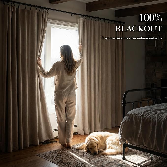 RYB HOME Linen Textured 100% Blackout Curtains for Bedroom, Insulating Energy Saving Window Curtains for Living Room Dining Patio Sliding Glass Door, Wide 52 x Long 96 inch, Burlap, 2 Panels