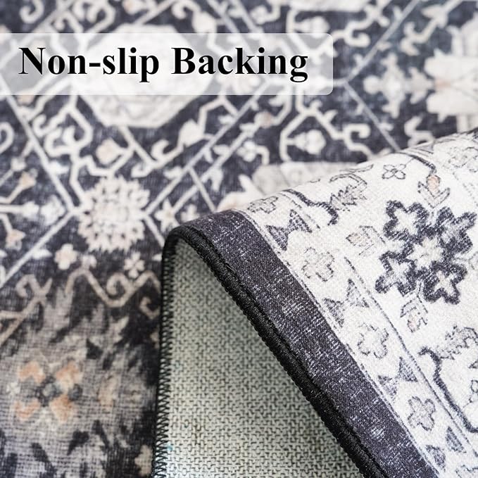 Entryway 2x4 Washable Area Rug: Oriental Stain Resistant Kitchen Runner Rugs Farmhouse Ultra Soft Bathroom Bedroom Print Floor Mat Thin Non Slip Indoor Carpet for Living Room Laudry Room(2x4,Black)