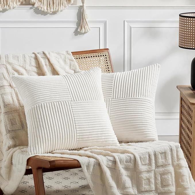Fancy Homi 2 Packs Cream White Decorative Throw Pillow Covers 20x20 Inch for Living Room Couch Bed Sofa, Farmhouse Boho Home Decor, Soft Corss Corduroy Patchwork Accent Square Cushion Case 50x50 cm