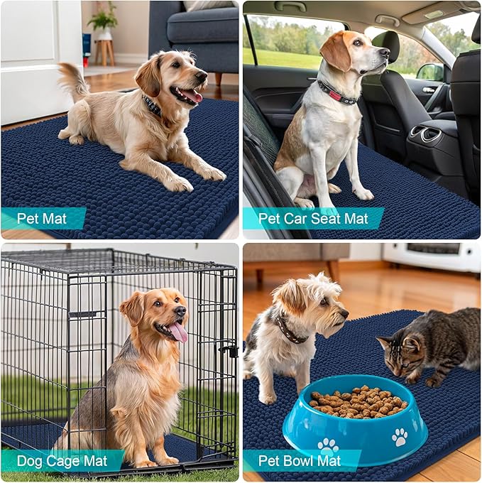 OLANLY Dog Door Mat for Muddy Paws 54x24, Absorbs Moisture and Dirt, Absorbent Non-Slip Washable Doormat, Quick Dry Chenille Mud Mat for Dogs, Entry Indoor Entryway Carpet for Inside Floor, Dark Blue