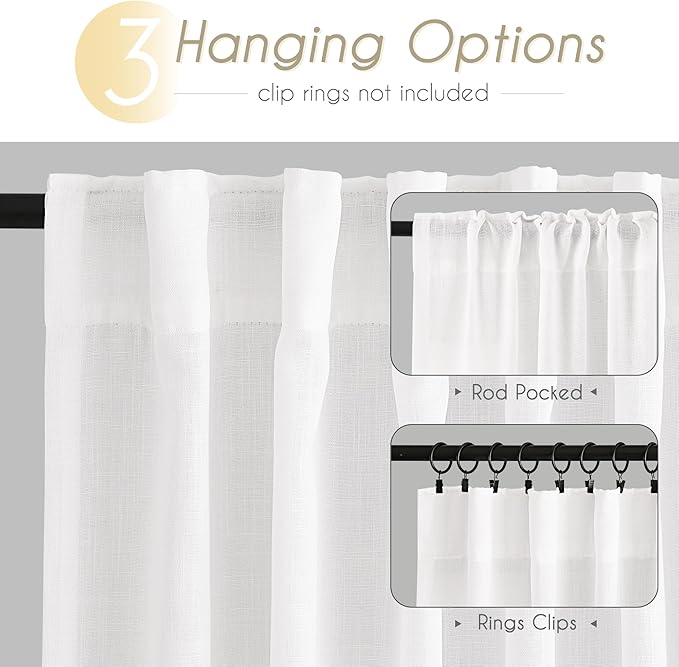 Long White Curtain 108 inches Long 2 Panels Set Back Tab Light Filtering Cotton Textured Curtain Modern Farmhouse Coastal Decor White Linen Drapes 108 inch Length for Large Window 9 FT Tall 60x108